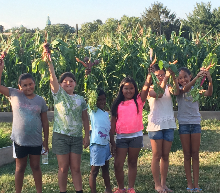 Group of children holding up the carrots they harvested from the Wellness Farm